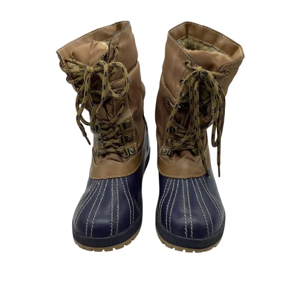 London Fog Women Duck Boots Size‎ 6 MITTEN Lined Winter Brown Navy Roll Down